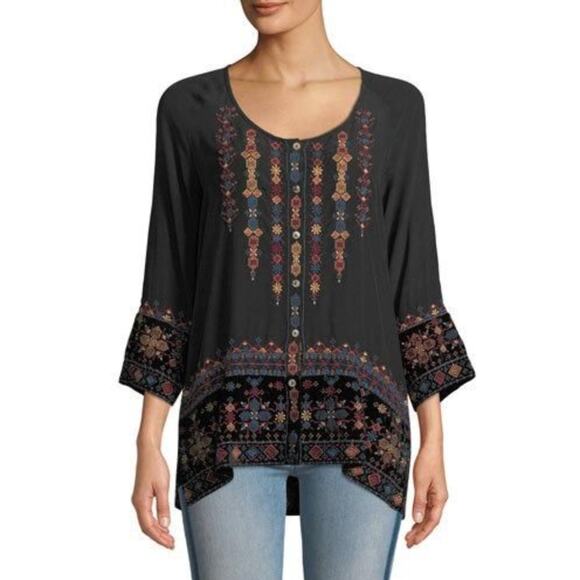 JOHNNY WAS Vika Black Velvet Embroidered Peasant Blouse Tunic Size Small - Picture 2 of 6